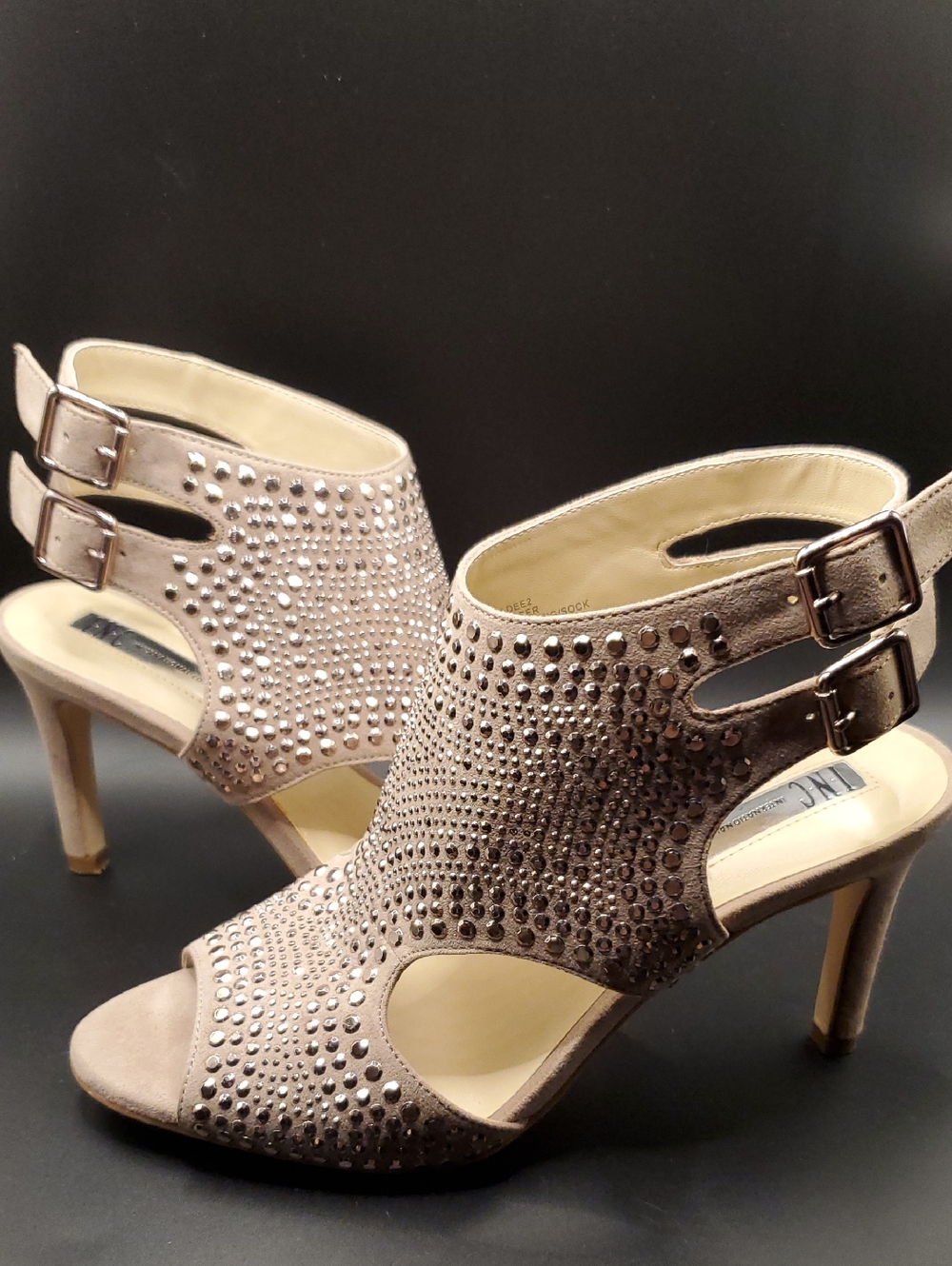 INC International Concepts Taupe Rhinestone Studded Open-Toe Heelsl
